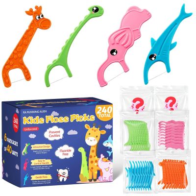 240 Count Kids Flossers,Fun Floss Sticks Fluoride & PFA Free Toothpick Flossing Sticks,4 Cute Animal-Shaped Dental Floss Picks for Kids,Non Toxic Floss with Anti-Slip Handle