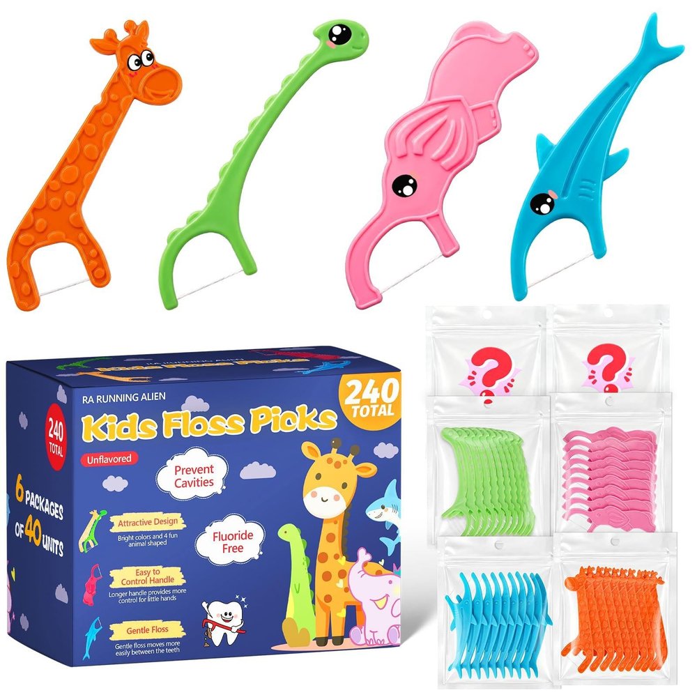 240 Count Kids Flossers,Fun Floss Sticks Fluoride & PFA Free Toothpick Flossing Sticks,4 Cute Animal-Shaped Dental Floss Picks for Kids,Non Toxic Floss with Anti-Slip Handle