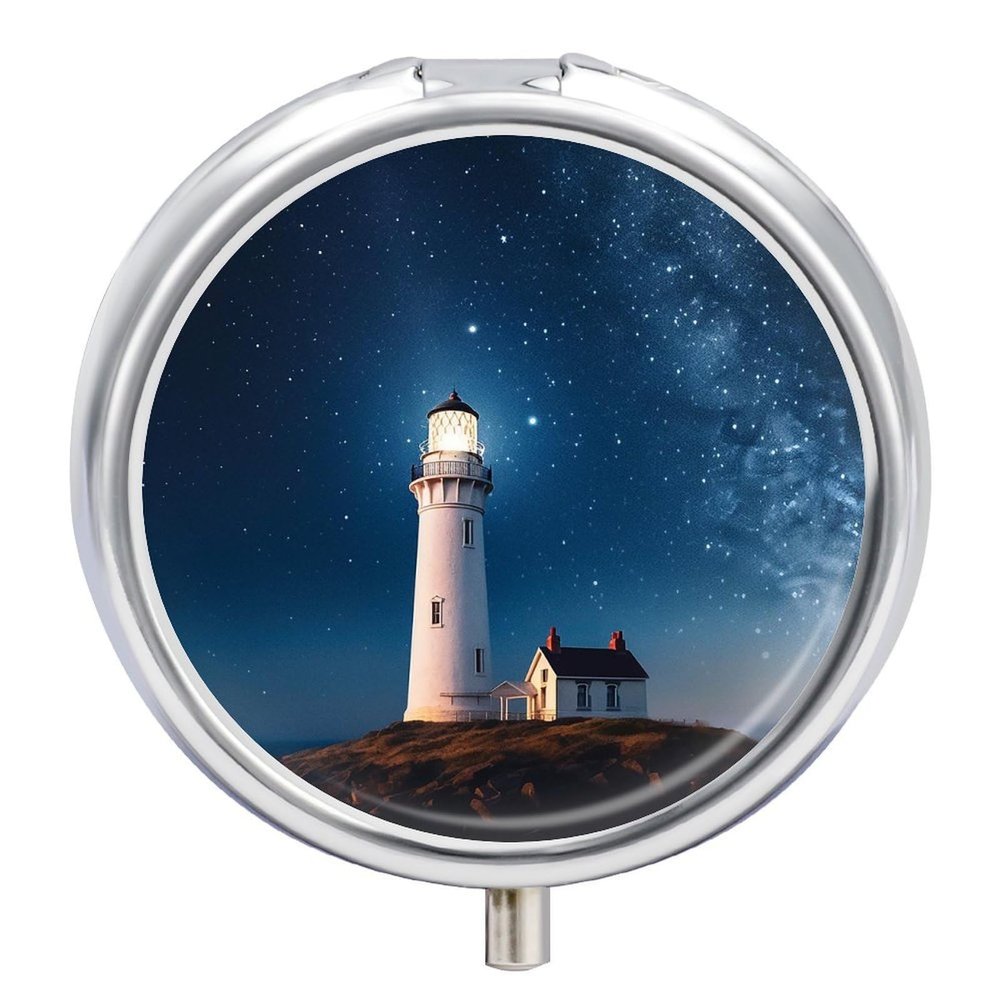 Lighthouse Under Starry Night Pill Box 3 Compartment Small, Personalized Pill Organizer with Mirror, Portable Pill Case for Pocket Or Purse, Round Pill Containe Travel Gifts, Pill Holder