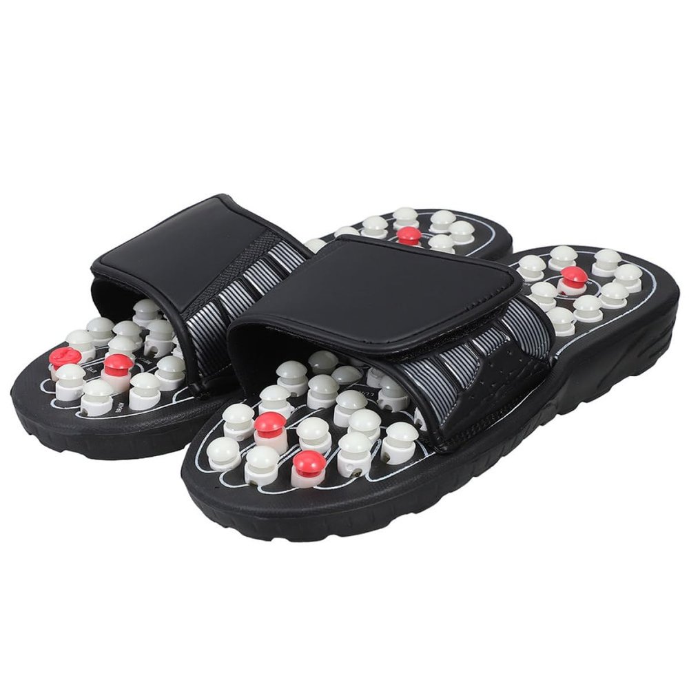 OFFIGAM Acupressure Foot Pressure Point Slippers for Home Use, Black White Beads, Size 42-43, Reusable Massage Slippers for Relaxation and Foot Therapy