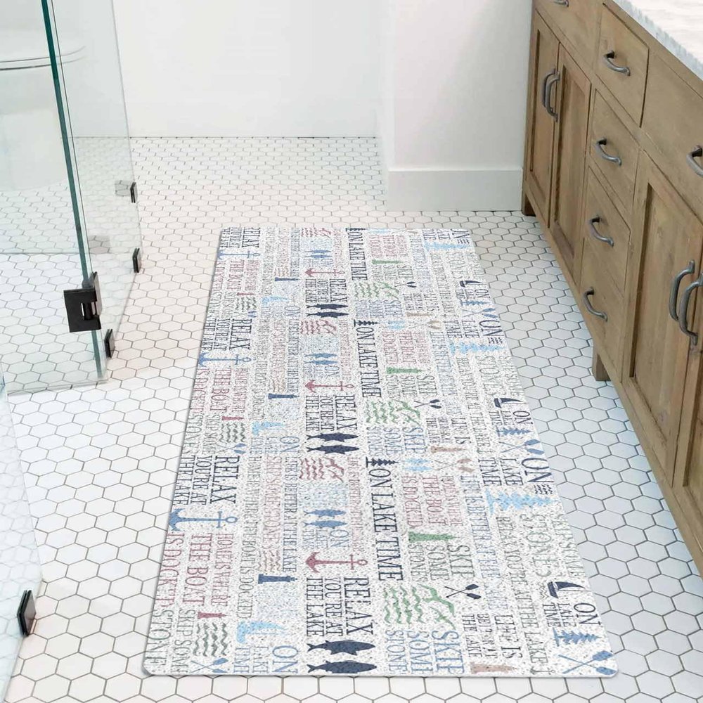 Lake Life Shower Mat Non Slip Bathtub Mat Colorful Word Pine Tree Boat Paddle Lighthouse Fish Bath Mat Soft Loofah Shower Mats for Shower Tub Bathroom Quick Drying Foot Mat, 16x36 Inch