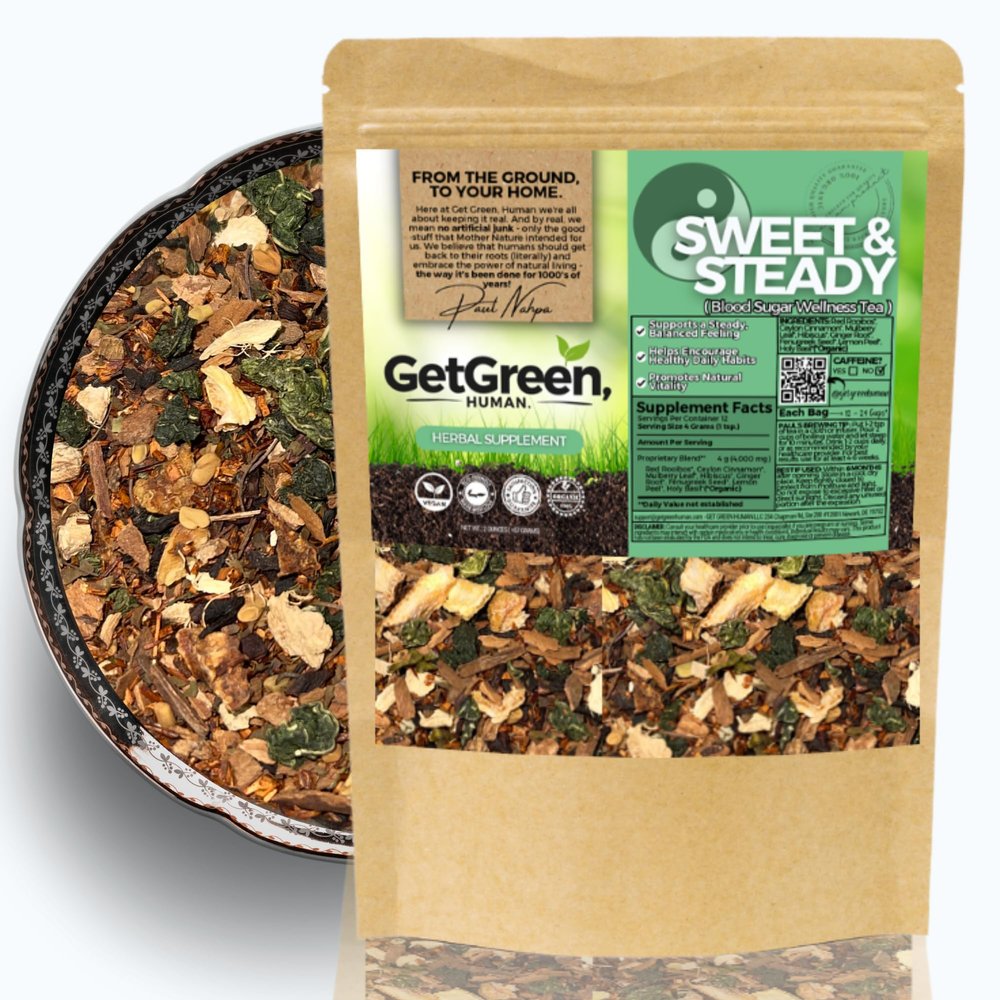 Sweet & Steady Organic Herbal Tea with Cinnamon, Rooibos & Mulberry Leaf | Daily Balance & Vitality Loose Leaf Tea 2 oz (57 g) | Caffeine-Free, Vegan, No Artificial Flavors | Get Green, Human