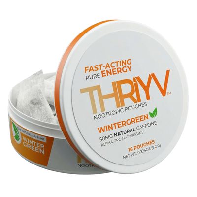 1 Can, THRIYV Nootropic Energy Pouches, Wintergreen, 50mg Natural Caffeine Per Pouch, Fast-Acting Energy, L-Theanine, Alpha GPC, L-Tyrosine, B Vitamins, Sugar Free, 16 Pouches Per Can