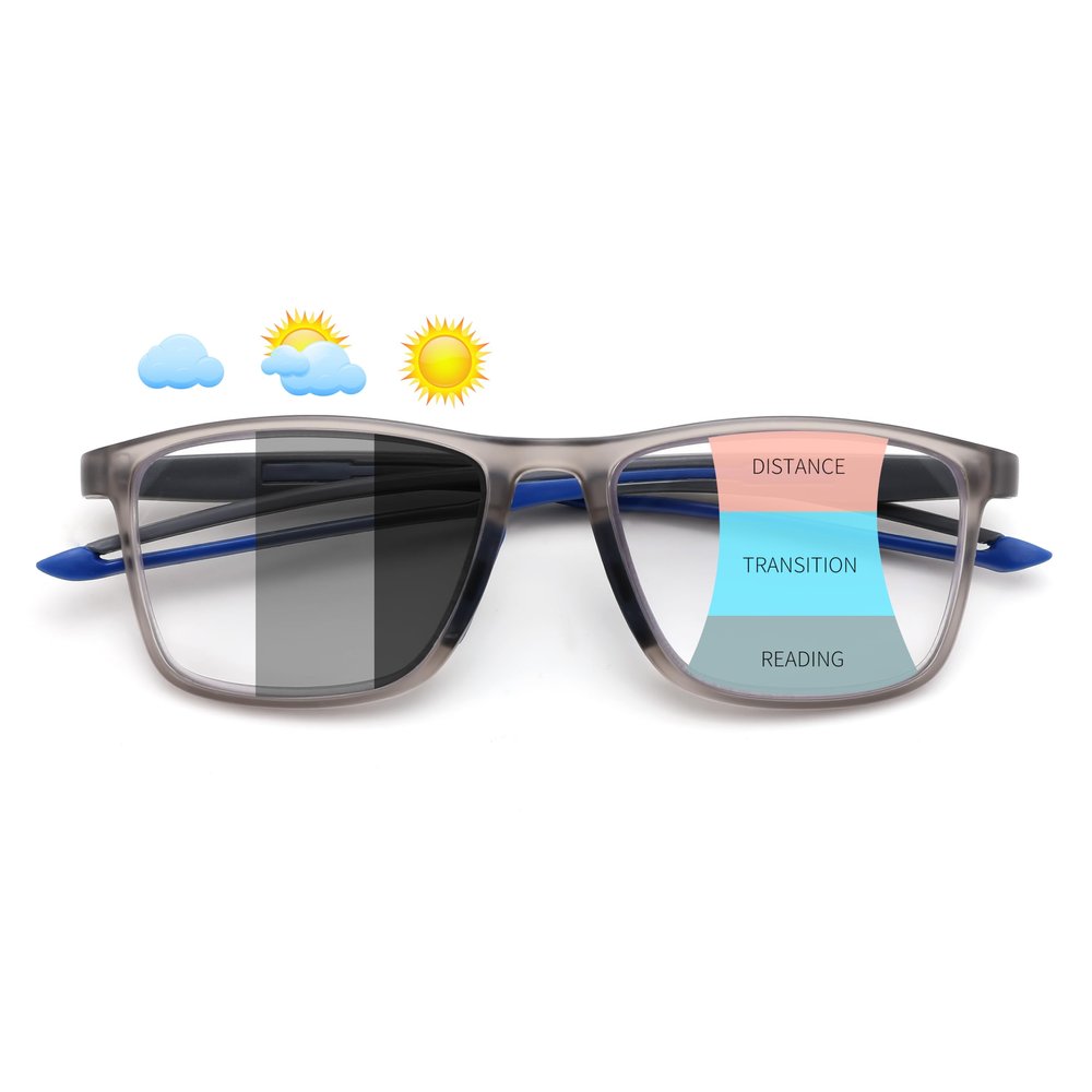 FEISEDY Photochromic Progressive Multifocal Reading Glasses Blue Light Blocking Near-Far Dual Use Sports Square Frame B0397 Grey, 4.0x