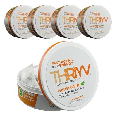 5 Cans, THRIYV Nootropic Energy Pouches, Wintergreen, 50mg Natural Caffeine Per Pouch, Fast-Acting Energy, L-Theanine, Alpha GPC, L-Tyrosine, B Vitamins, Sugar Free, 16 Pouches Per Can