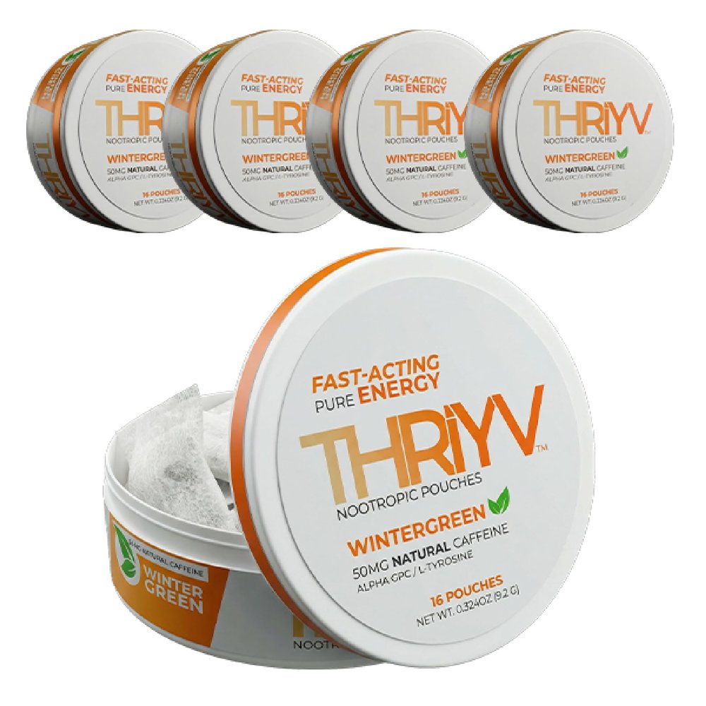 5 Cans, THRIYV Nootropic Energy Pouches, Wintergreen, 50mg Natural Caffeine Per Pouch, Fast-Acting Energy, L-Theanine, Alpha GPC, L-Tyrosine, B Vitamins, Sugar Free, 16 Pouches Per Can