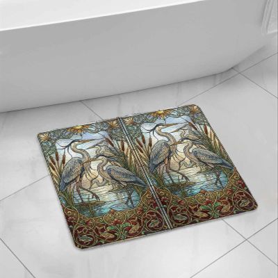 Blue Heron Shower Mat Non Slip Bathtub Mat Retro Reeds Sunlight Birds Stained Glass Windows Bath Mat Soft Loofah Shower Mats for Shower Tub Bathroom Quick Drying Foot Mat, 24x24 Inch