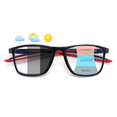 FEISEDY Photochromic Progressive Multifocal Reading Glasses Blue Light Blocking Near-Far Dual Use Sports Square Frame B0397 Deep Blue, 2.0x
