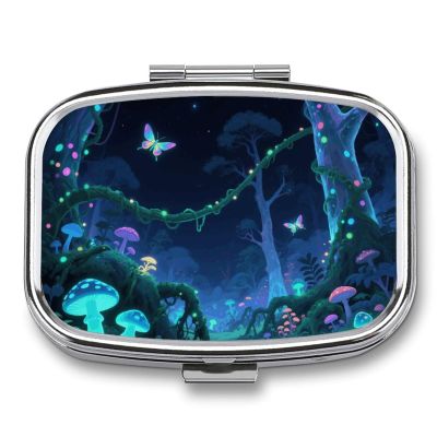 Bioluminescent Fantasy Forest Pill Box 2 Compartment Small Pill Case,Portable for Pocket Or Purse Pills Organizer Mini Pills Container Holder to Hold Vitamins, Medication, Fish Oil and Supplements