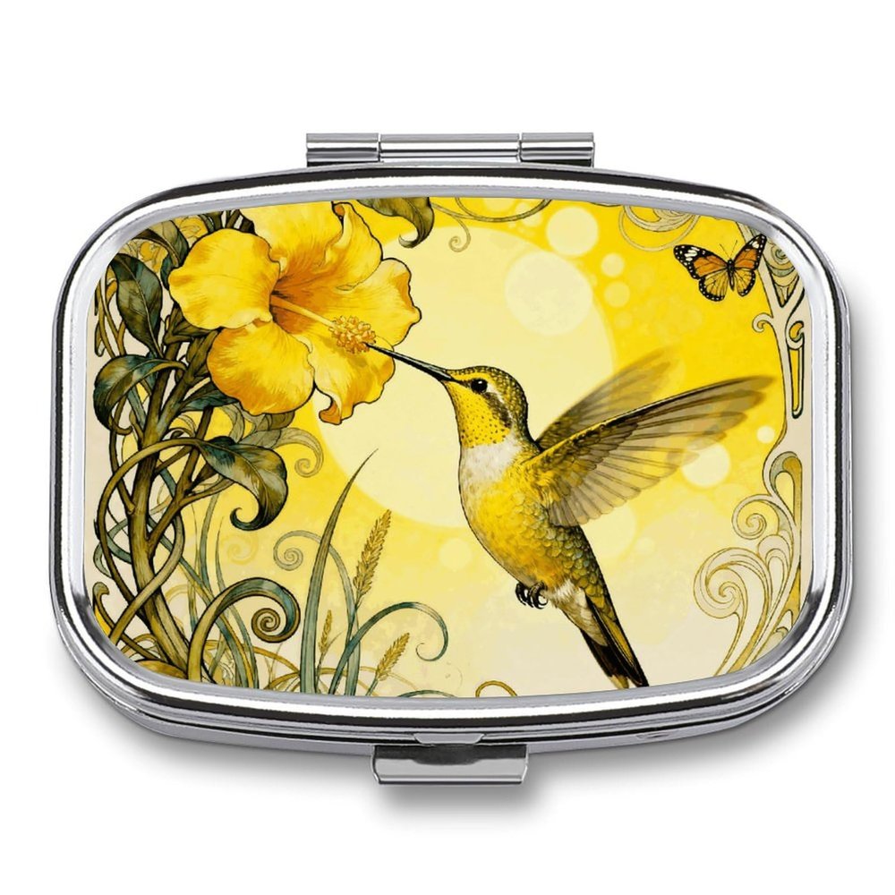 Hummingbird Allamanda Flower Pill Box 2 Compartment Small Pill Case,Portable for Pocket Or Purse Pills Organizer Mini Pills Container Holder to Hold Vitamins, Medication, Fish Oil and Supplements