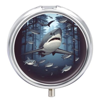 Funny Sharks Design Pill Box 3 Compartment Small, Personalized Pill Organizer with Mirror, Portable Pill Case for Pocket Or Purse, Round Pill Containe Travel Gifts, Pill Holder