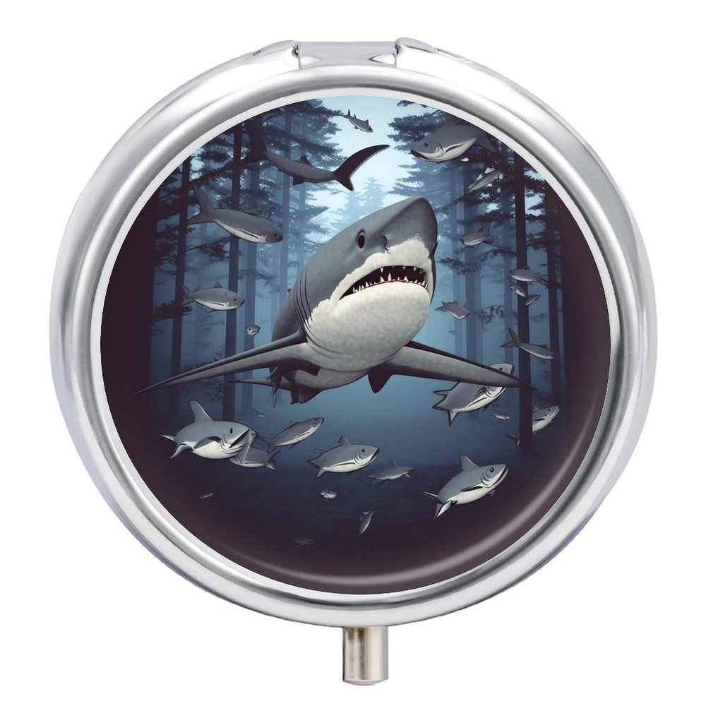 Funny Sharks Design Pill Box 3 Compartment Small, Personalized Pill Organizer with Mirror, Portable Pill Case for Pocket Or Purse, Round Pill Containe Travel Gifts, Pill Holder