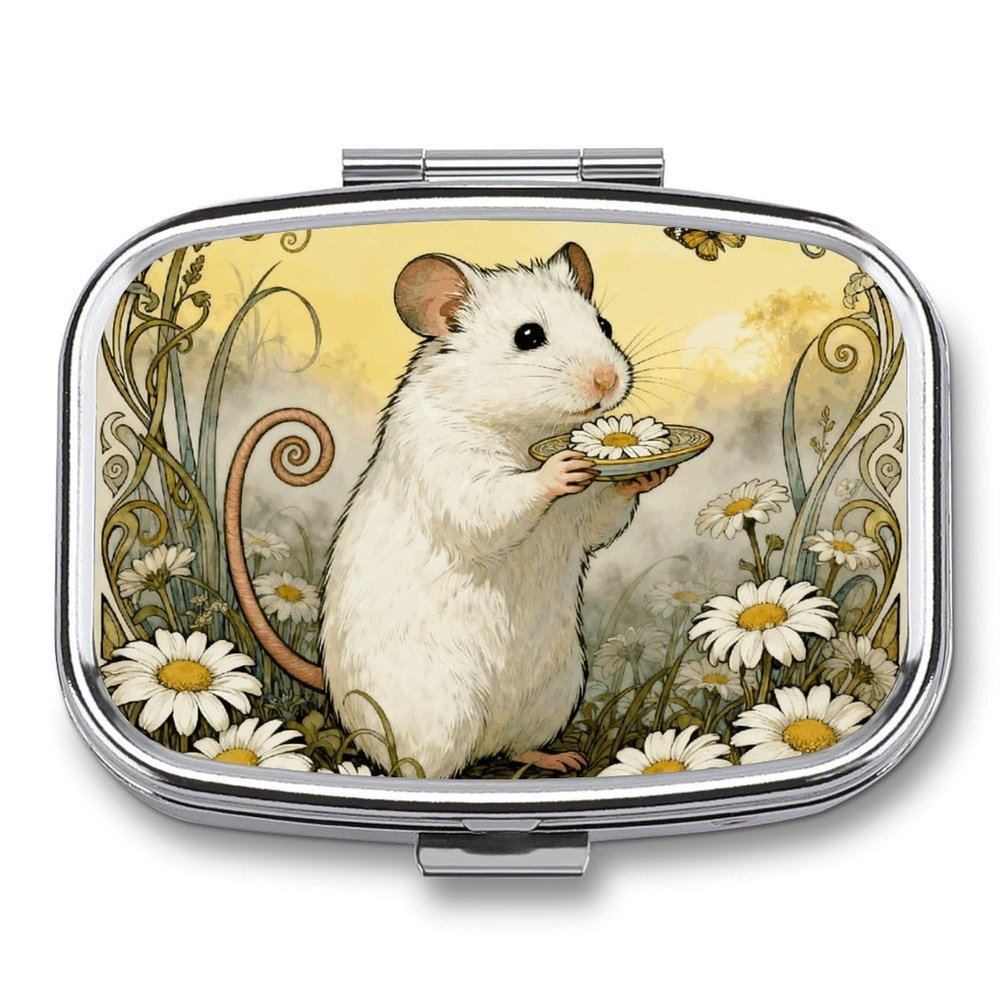 Hamster Daisy Meadow Pill Box 2 Compartment Small Pill Case,Portable for Pocket Or Purse Pills Organizer Mini Pills Container Holder to Hold Vitamins, Medication, Fish Oil and Supplements