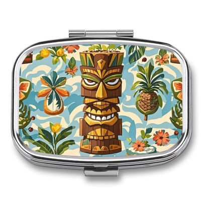 Vintage Aloha Tiki Pattern Pill Case Travel Portable Pocket Pill Box 2 Compartment Medicine Case Large Capacity Daily Pill Cases Vitamin Organizer Medicine Organizer Small Pill Box