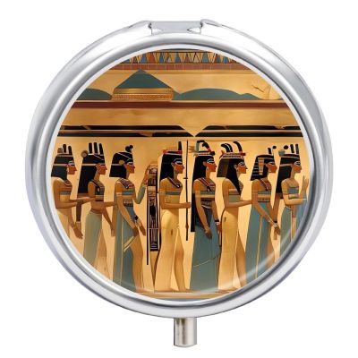 Women in Ancient Egypt Pill Box 3 Compartment Small, Personalized Pill Organizer with Mirror, Portable Pill Case for Pocket Or Purse, Round Pill Containe Travel Gifts, Pill Holder