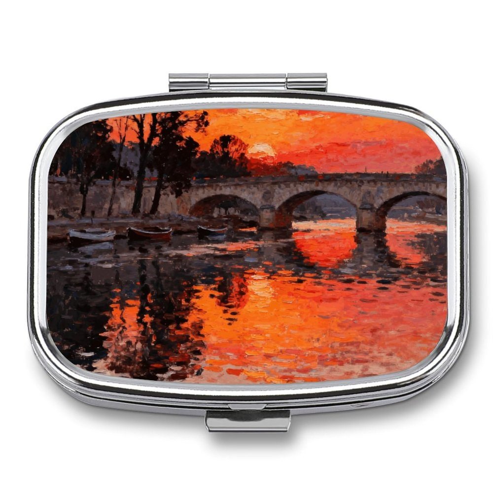 Sunset Bridge Reflection Pill Box 2 Compartment Small Pill Case,Portable for Pocket Or Purse Pills Organizer Mini Pills Container Holder to Hold Vitamins, Medication, Fish Oil and Supplements
