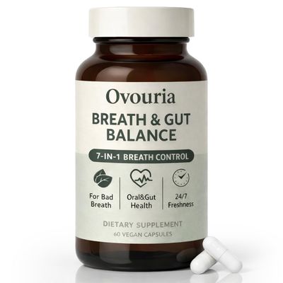 Ovouria Breath and Gut Balance, 7-in-1 Advanced Formula with Magnesium Citrate, Zinc Gluconate, Probiotic Blend, Fresh Breath, Chronic Halitosis & Gut Health, 60 Capsules