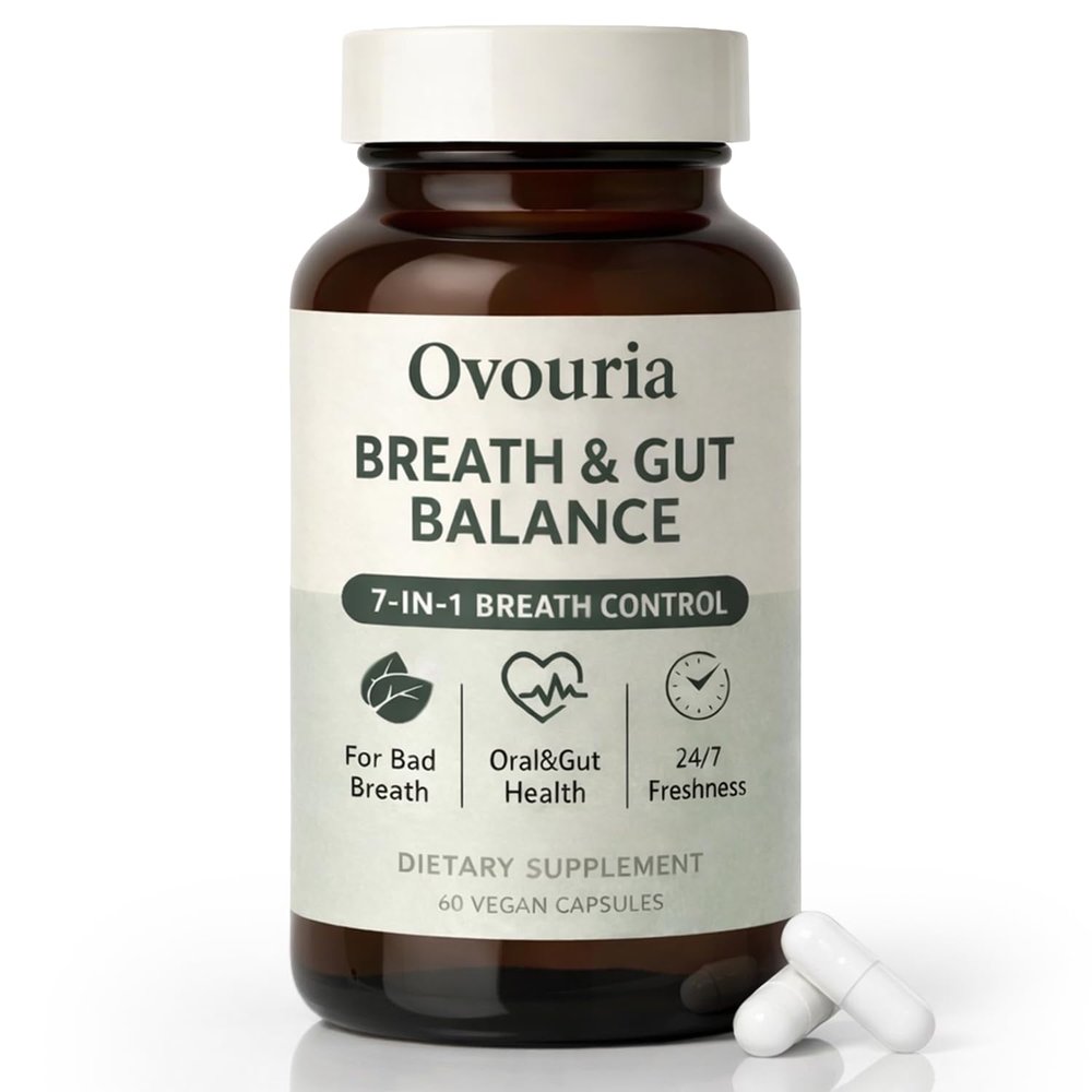 Ovouria Breath and Gut Balance, 7-in-1 Advanced Formula with Magnesium Citrate, Zinc Gluconate, Probiotic Blend, Fresh Breath, Chronic Halitosis & Gut Health, 60 Capsules