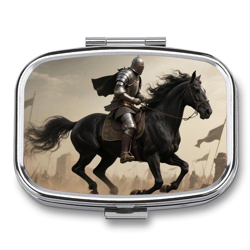 Brave Warrior and Horse Pill Box 2 Compartment Small Pill Case,Portable for Pocket Or Purse Pills Organizer Mini Pills Container Holder to Hold Vitamins, Medication, Fish Oil and Supplements