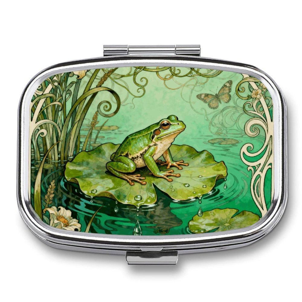 Frog Lotus Pad Pill Box 2 Compartment Small Pill Case,Portable for Pocket Or Purse Pills Organizer Mini Pills Container Holder to Hold Vitamins, Medication, Fish Oil and Supplements