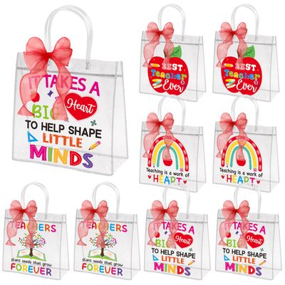H1vojoxo Teacher Appreciation Gift Bags - 24PCS Teacher Gift Bags Bulk with Red DIY Ribbon 7.87x3.2x7.87Inch Teachers Clear PVC Gifts Bag with Handle Reusable PVC Thank You Gifts Wrap Bag for Teachers