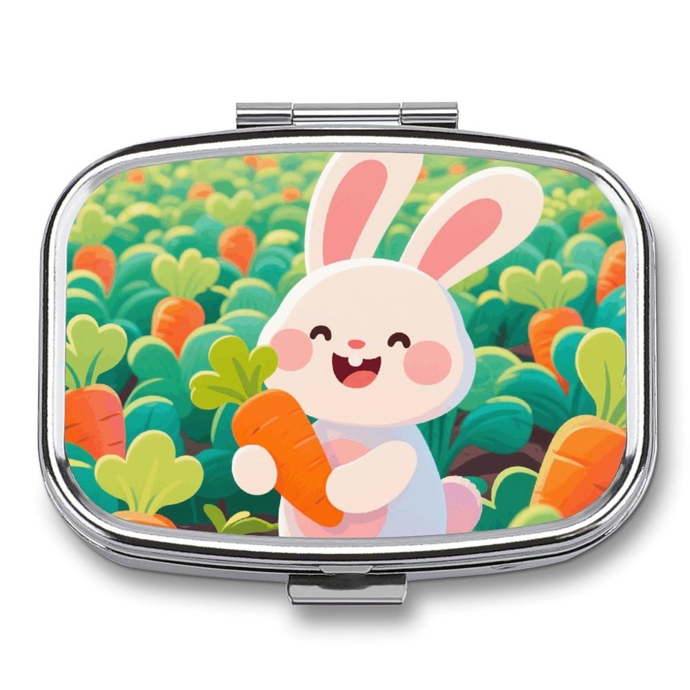 Rabbit and Carrot Pill Box 2 Compartment Small Pill Case,Portable for Pocket Or Purse Pills Organizer Mini Pills Container Holder to Hold Vitamins, Medication, Fish Oil and Supplements