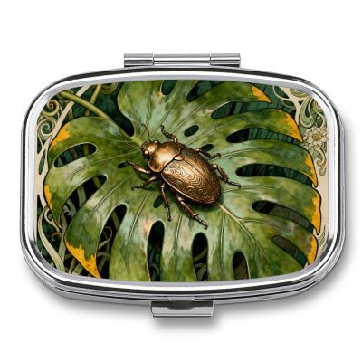 Beetle Monstera Leaf Pill Box 2 Compartment Small Pill Case,Portable for Pocket Or Purse Pills Organizer Mini Pills Container Holder to Hold Vitamins, Medication, Fish Oil and Supplements