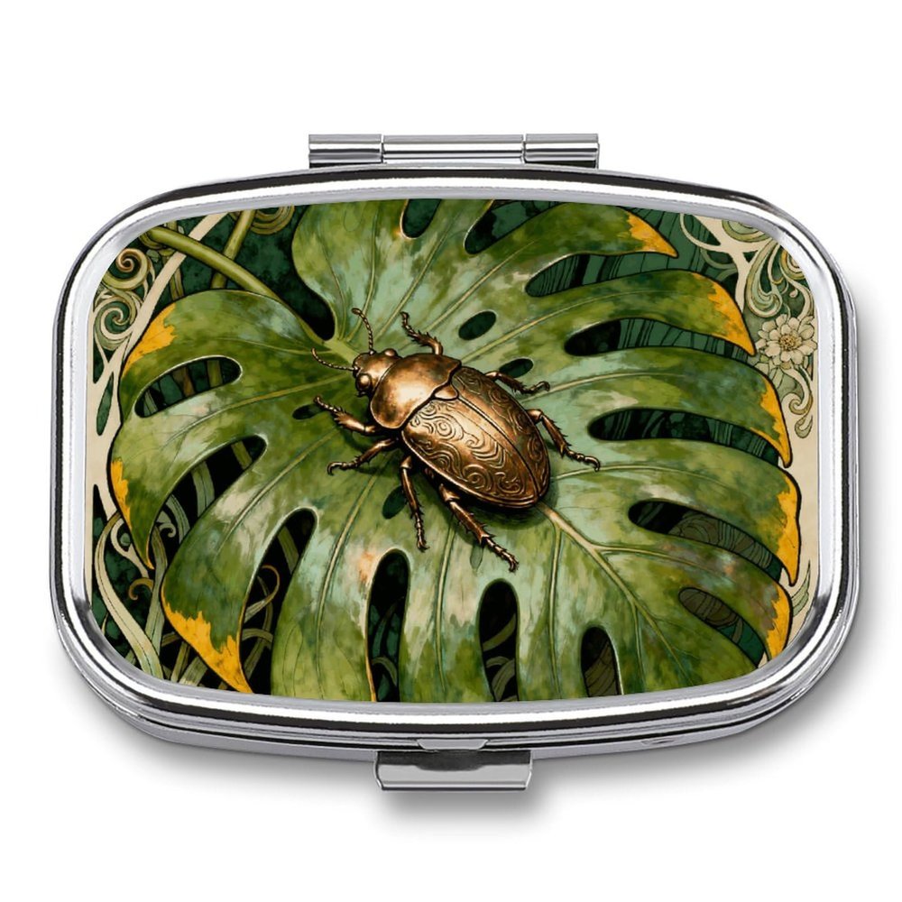Beetle Monstera Leaf Pill Box 2 Compartment Small Pill Case,Portable for Pocket Or Purse Pills Organizer Mini Pills Container Holder to Hold Vitamins, Medication, Fish Oil and Supplements