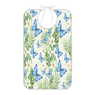 CEBUGI Blue Butterflies Adult Bibs for Women Men Waterproof Eating Cloth with Crumb Catcher Reusable Bibs for Seniors Elderly Dining Clothing Protectors