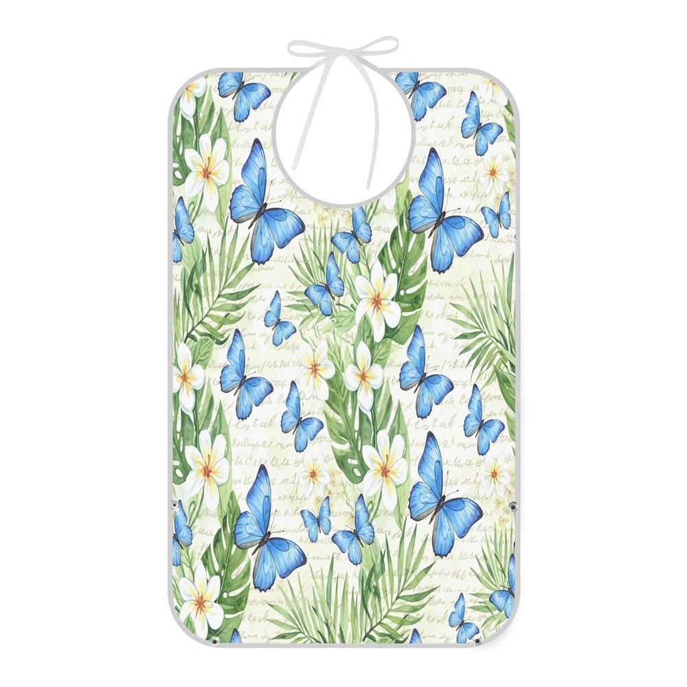 CEBUGI Blue Butterflies Adult Bibs for Women Men Waterproof Eating Cloth with Crumb Catcher Reusable Bibs for Seniors Elderly Dining Clothing Protectors