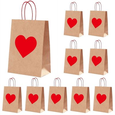 10 Pcs Valentine Gift Bags with Handles and Heart Tags,Valentines Kraft Paper Candy Bags Red Heart Love Goodie Candy Treat Gift Wrapping for Valentine's Day Wedding Anniversary Birthday Party