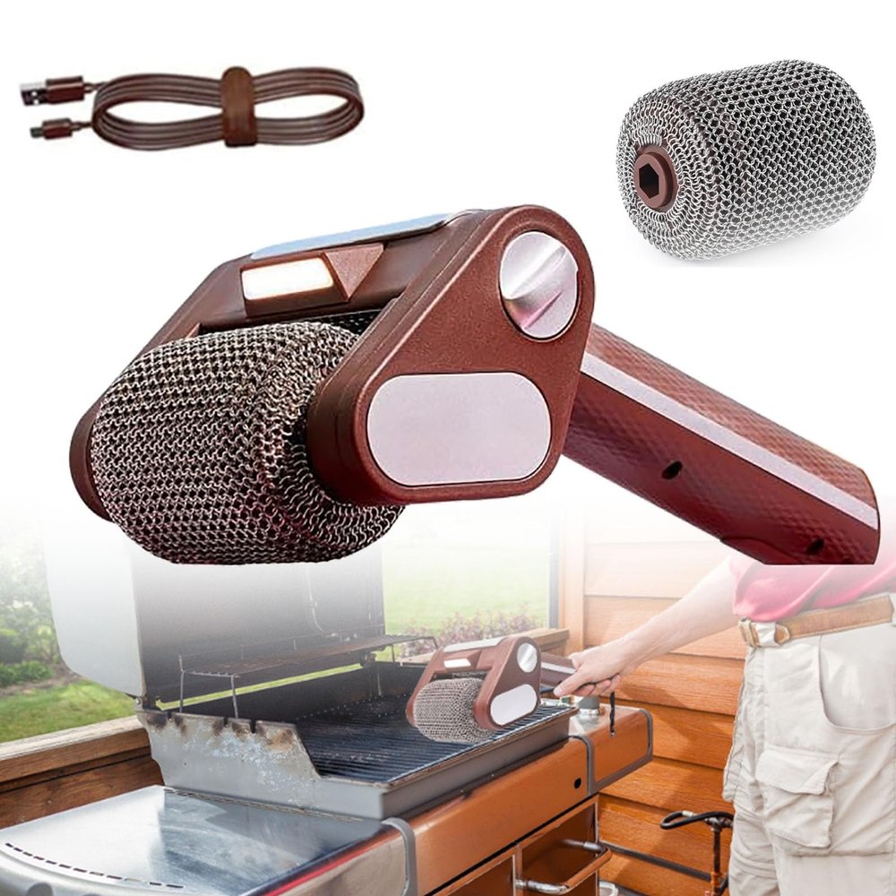 SICWEDIM Stainless Steel Grill Cleaner, Electric Grill Brush Bristles Free, BBQ Cleaning Brush, Cordless BBQ Cleaning Kit with LED, Detachable 350 RPM Stainless Roller