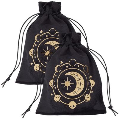 CREATCABIN 2Pcs 7.1 x 5.3 Inch Black Tarot Card Bag Velvet Drawstring Pouch Rectangle Moon Phase Pattern Small Protective Soft Storage Bags for Tarot Cards Crystals Jewelry Dices Gifts DIY Holder