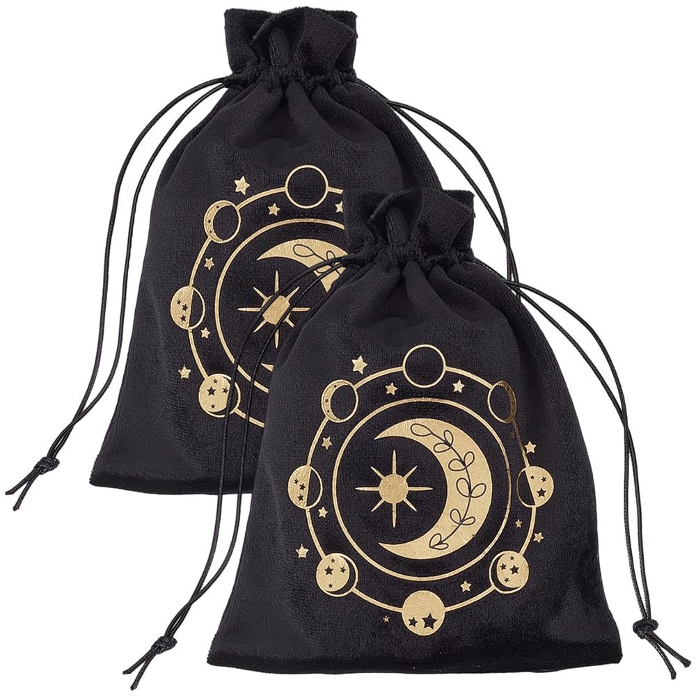 CREATCABIN 2Pcs 7.1 x 5.3 Inch Black Tarot Card Bag Velvet Drawstring Pouch Rectangle Moon Phase Pattern Small Protective Soft Storage Bags for Tarot Cards Crystals Jewelry Dices Gifts DIY Holder