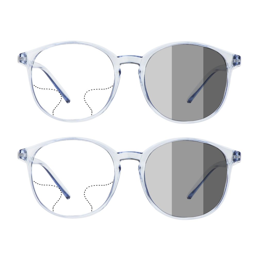 VisionGlobal 2Pairs Portable Progressive Multifocal Glasses, Photochromic Gray Sunglasses for UnisexClear Blue,+0.00/+1.00Magnification