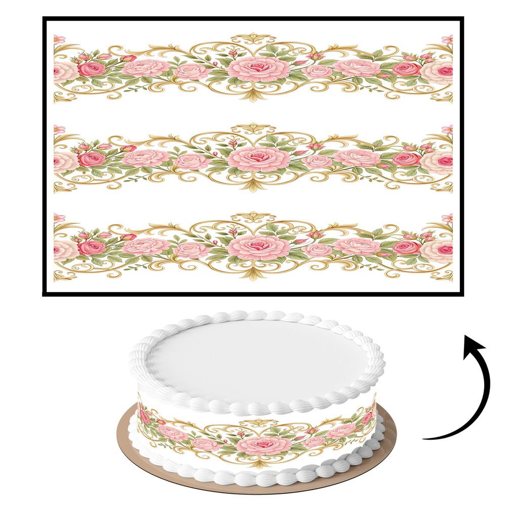 3 pcs Vintage Pink Royal Scroll Border Cake Strips Edible birthday cake strips, cake side borders, Icing Sheets 2.7X11.8