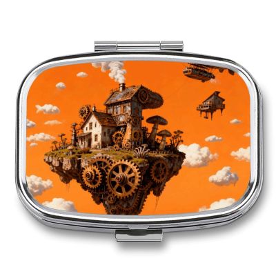 Steampunk Fantasy World Pill Box 2 Compartment Small Pill Case,Portable for Pocket Or Purse Pills Organizer Mini Pills Container Holder to Hold Vitamins, Medication, Fish Oil and Supplements