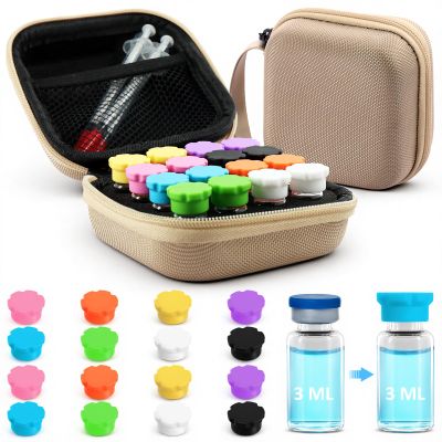 3ml peptide Vial Storage case and 3ml Peptide Vial Caps Storage Combo Pack, 16 Slots Insulin Vial Organizer Bag for Diabetics Standard 3ml 2ml 1ml Vials, Includes Vial Caps (8 Colors, 16 Pcs)
