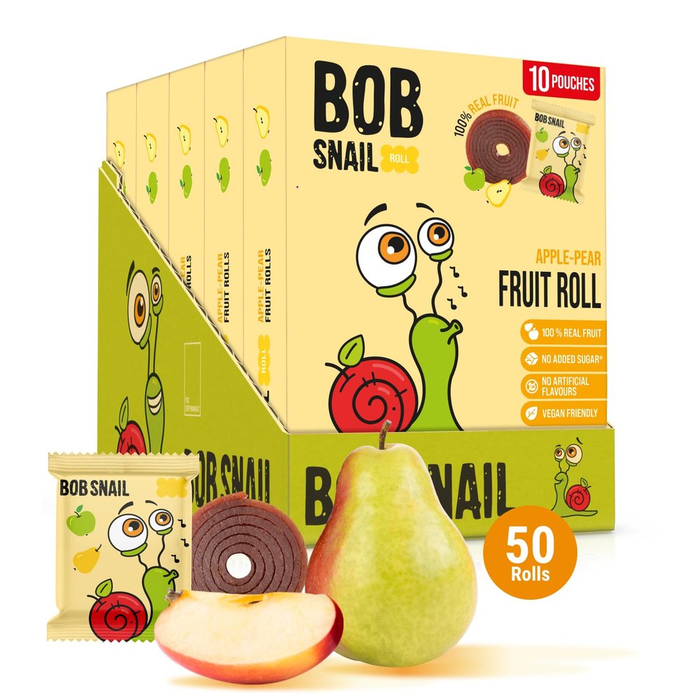 Bob Snail Apple-Pear Fruit Roll Ups Healthy Sweets Snacks, Real Dried Fruits, No Added Sugar, Vegan, Nut Free, Candy for Adults, Kids Bulk 50 pcs Rolls, 500g