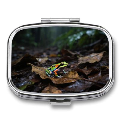 Poison Dart Frog on Leaves Pill Box 2 Compartment Small Pill Case,Portable for Pocket Or Purse Pills Organizer Mini Pills Container Holder to Hold Vitamins, Medication, Fish Oil and Supplements