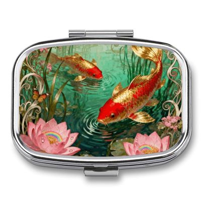 Koi Lotus Pool Pill Box 2 Compartment Small Pill Case,Portable for Pocket Or Purse Pills Organizer Mini Pills Container Holder to Hold Vitamins, Medication, Fish Oil and Supplements