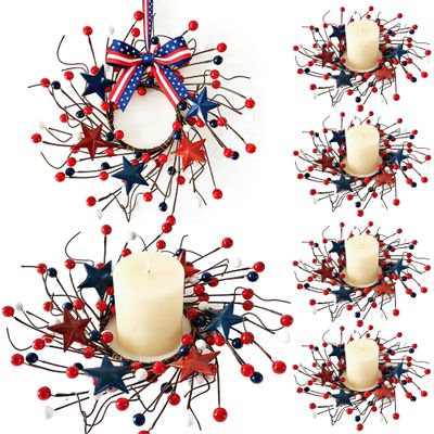 6 Pcs Patriotic Candle Rings Wreaths Small Red White Blue Star Berry Wreath for Front Door Porch Mini 4th of July Kitchen Cabinet Wreaths 4 inch Center for Pillar Independence Day Veterans Day Decor