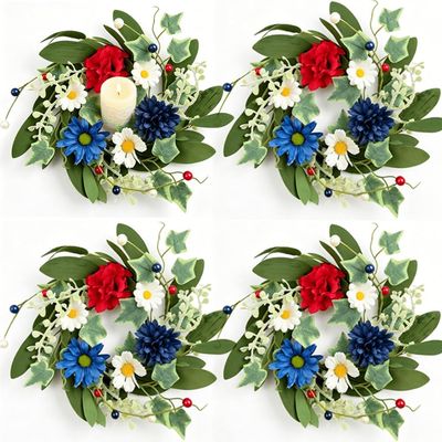 4 Pcs Patriotic Candle Rings Wreaths Red White Blue Flower Wreath Center Decor for Front Door Porch Indoor Outdoor Mini Eucalyptus Kitchen Cabinet Wreaths with Ribbon for 4th of July Veterans Day