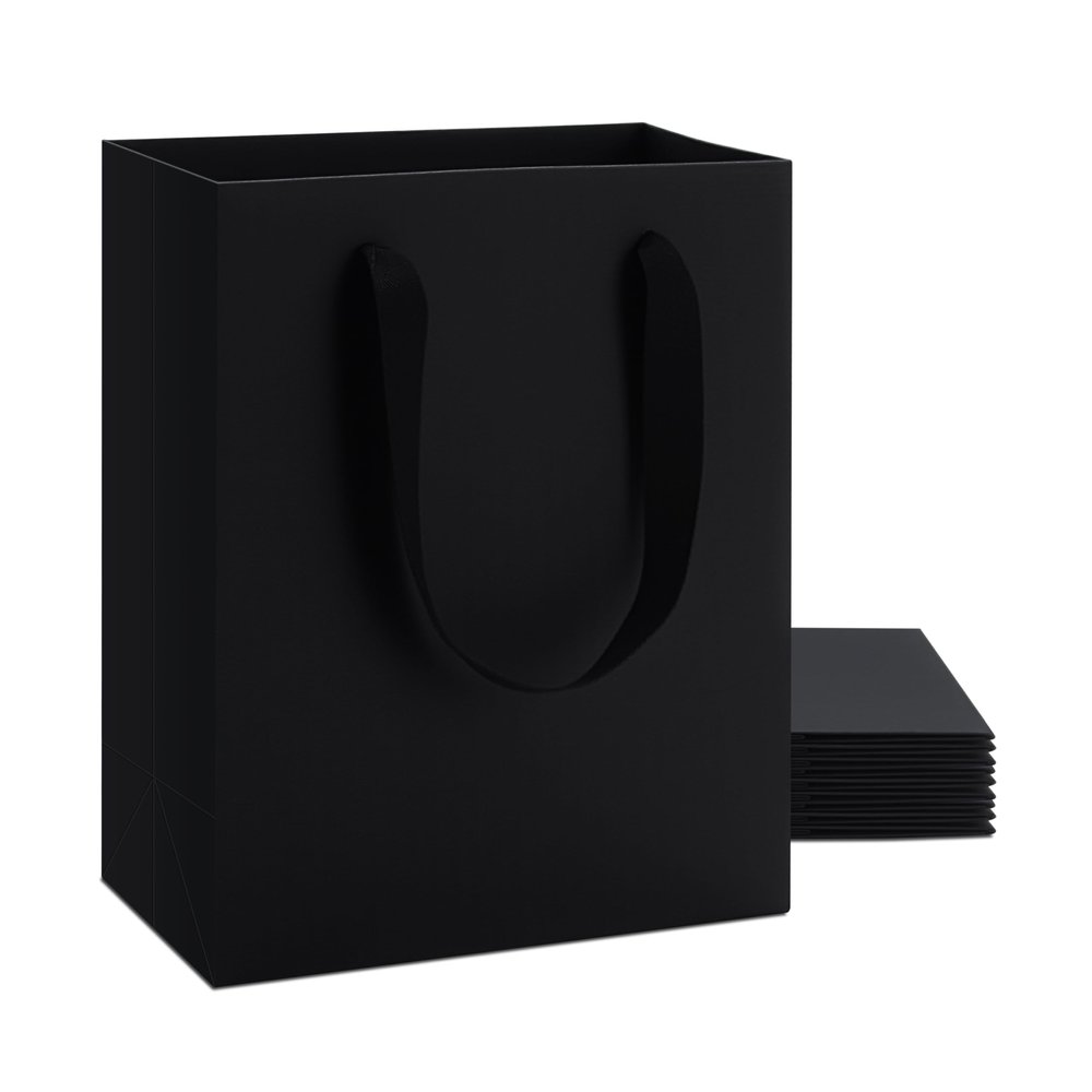 YACEYACE Black Gift Bags Medium, 10Pcs 8"x10" Medium Gift Bags, Black Kraft Paper Bag with Handles Bulk, Wrap Paper Bag for Birthday, Party, Retail