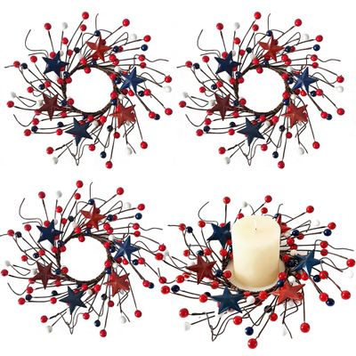 4 Pcs Patriotic Candle Rings Wreaths Red White Blue Star Mixed Berry Wreath Mini 4th of July Kitchen Cabinet Wreaths 4 inch Center Candle for Pillar Independence Day Veterans Day Memorial Day Decor