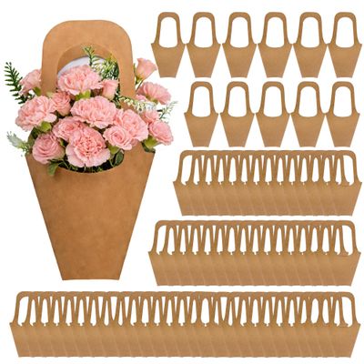 Flower Bags 100 Packs, Flower Bags for Bouquets, Kraft Paper Flower Gift Bags With Handle, Suitable for Flower Shops, Flower Bar, Weddings, Valentine's Day, Birthday Parties, Thanksgiving, Home Decoration (13.8 Inches)