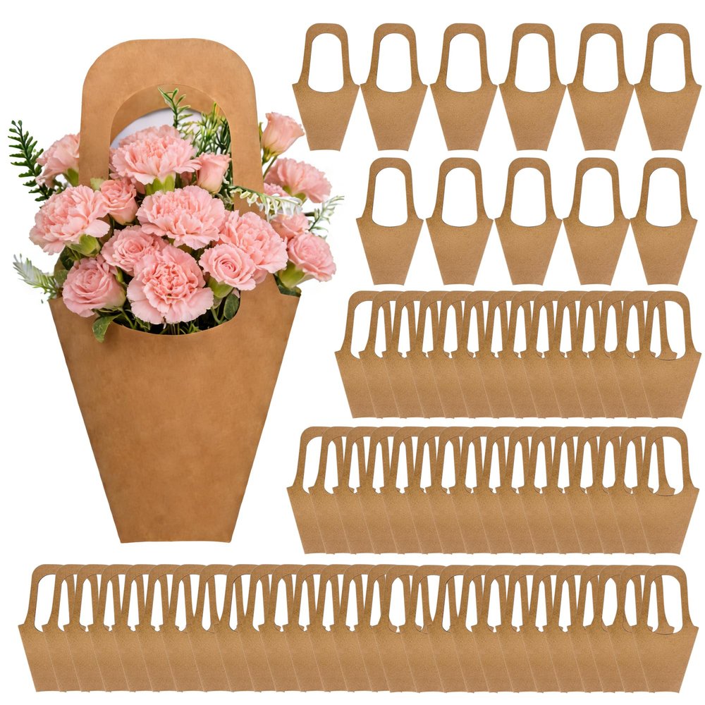 Flower Bags 100 Packs, Flower Bags for Bouquets, Kraft Paper Flower Gift Bags With Handle, Suitable for Flower Shops, Flower Bar, Weddings, Valentine's Day, Birthday Parties, Thanksgiving, Home Decoration (13.8 Inches)