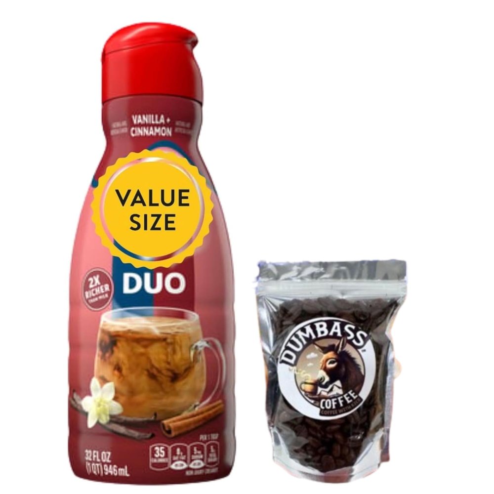 Premium Liquid Coffee Creamer, 32 fl oz Liquid Non-Dairy Creamer with Dumbass Coffee Whole CoffeeBean Medium/Dark 1 oz (Cinnamon Vanilla) Coffee
