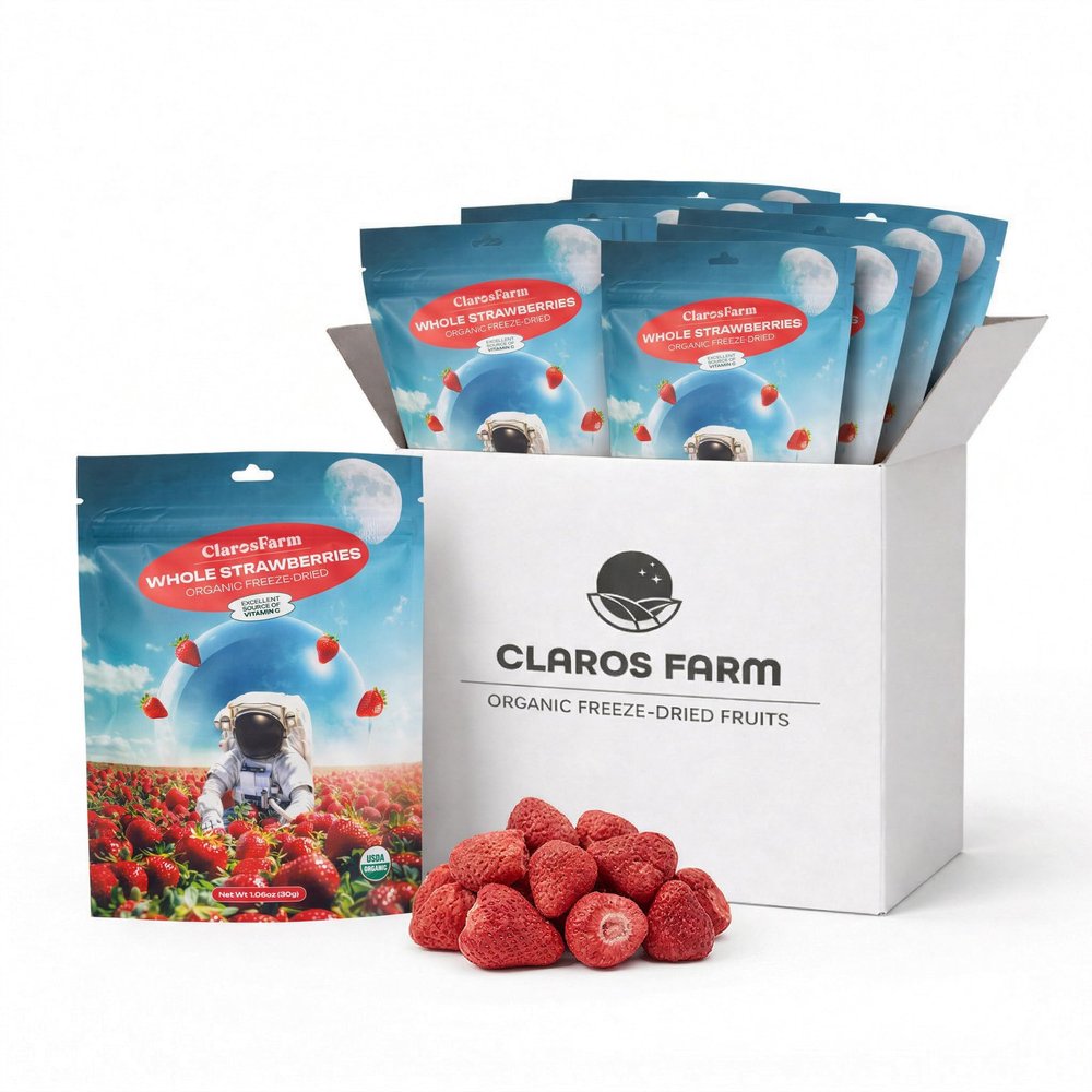 Claros Farm Organic Whole Freeze-Dried Strawberries (10 x 30g Pack) Healthy Freeze Dried Food Gluten-Free, Vegan, Organic Fruit Snacks for Office, School, or Home