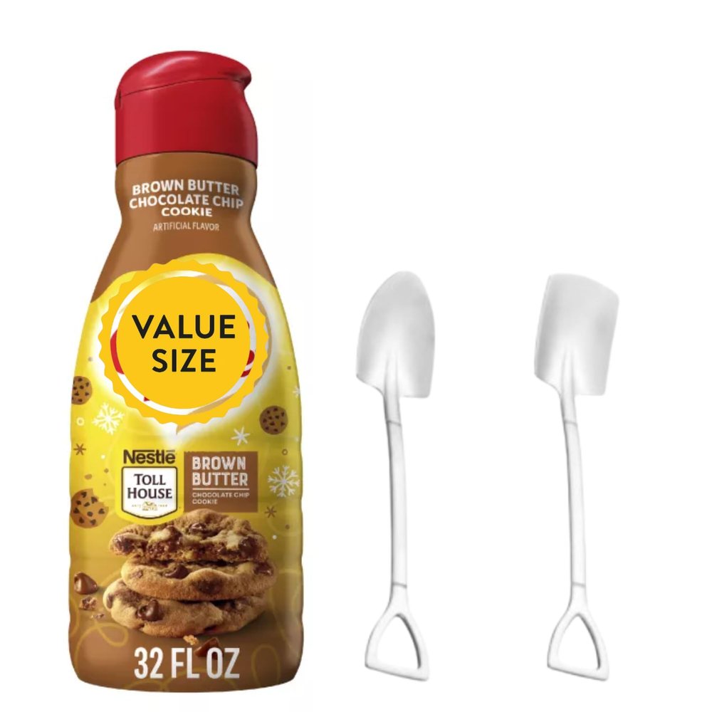 Premium Liquid Coffee Creamer, 32 fl oz Liquid Non-Dairy Creamer for Coffee with Dumbass Coffee Mini Metal Shovel Spoons (Brown Butter Chocolate Chip Cookie) Shovel Spoons